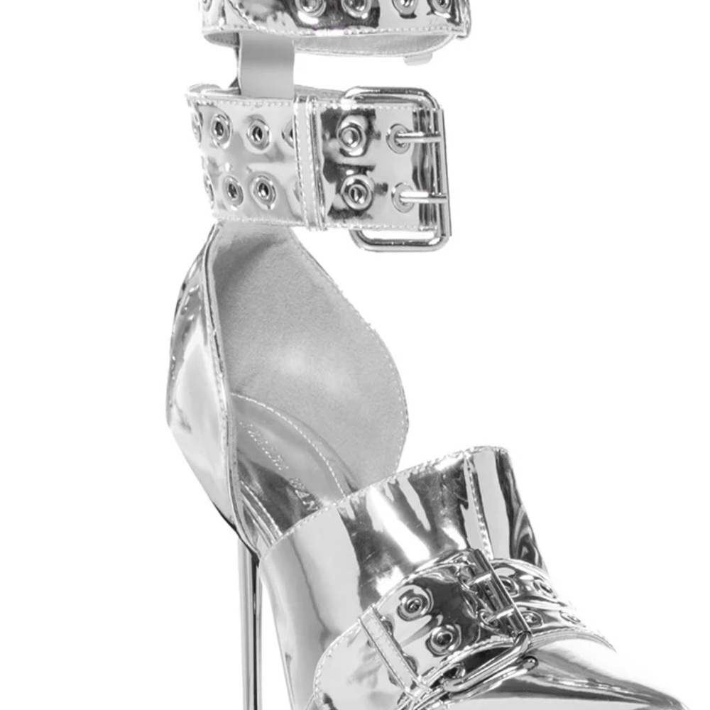Silver Stiletto Heels with Pointed Toe and Decorative Front